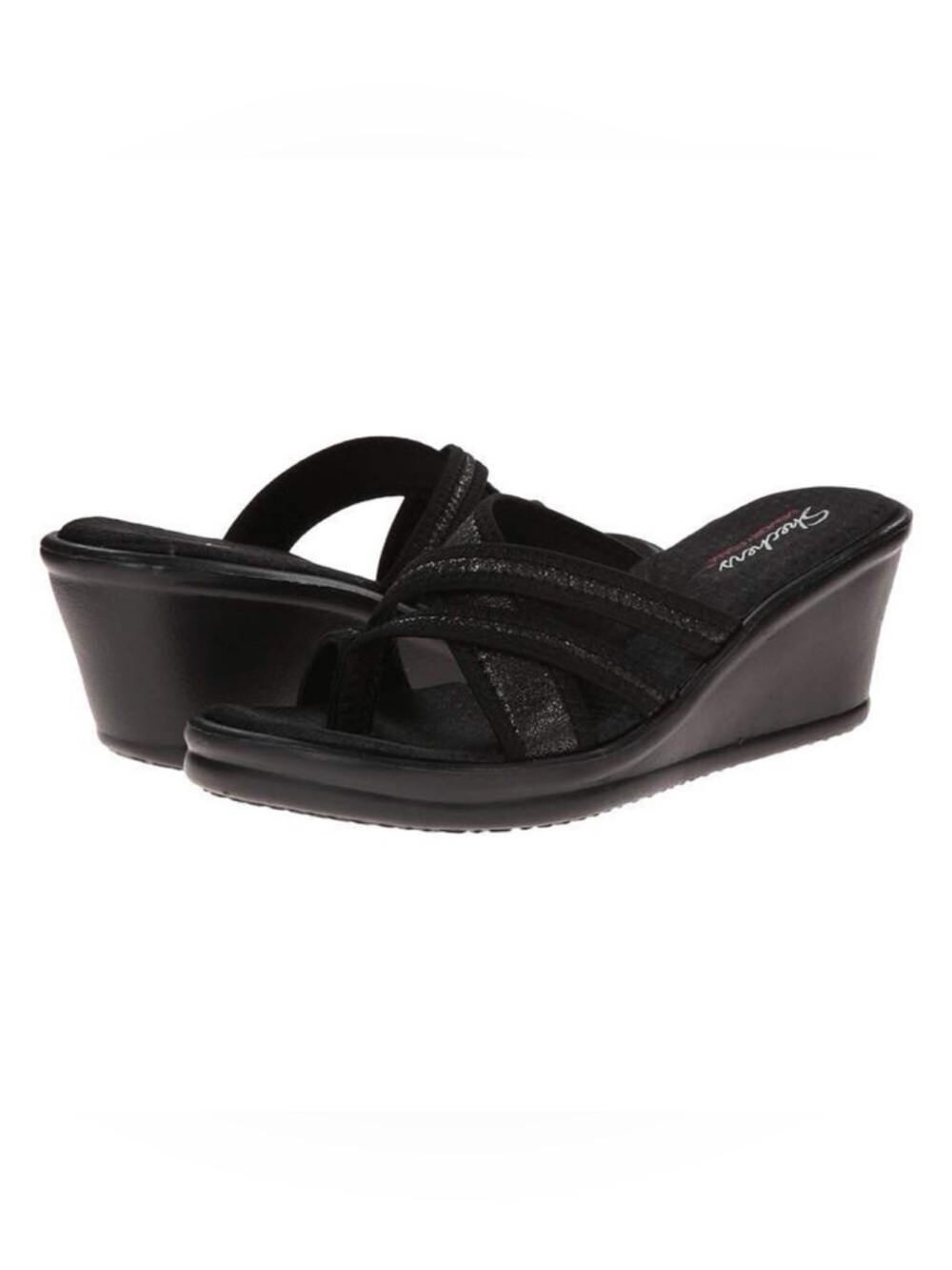 Skechers Women's Rumblers Happy Dayz Yoga Black Wedge Slide Sandals Sz 9